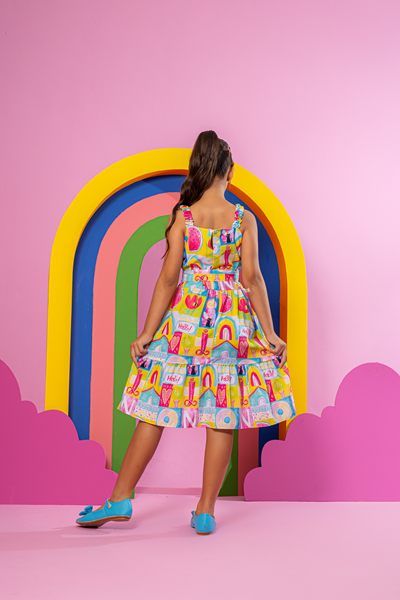 Vestido Midi Menina - Estampa Arco-Iris e Frutas