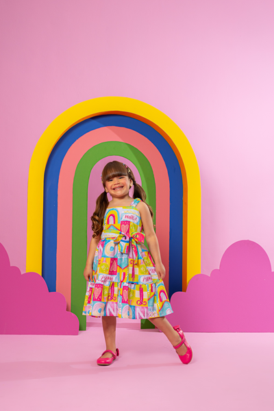 Vestido Midi Menina - Estampa Arco-Iris e Frutas