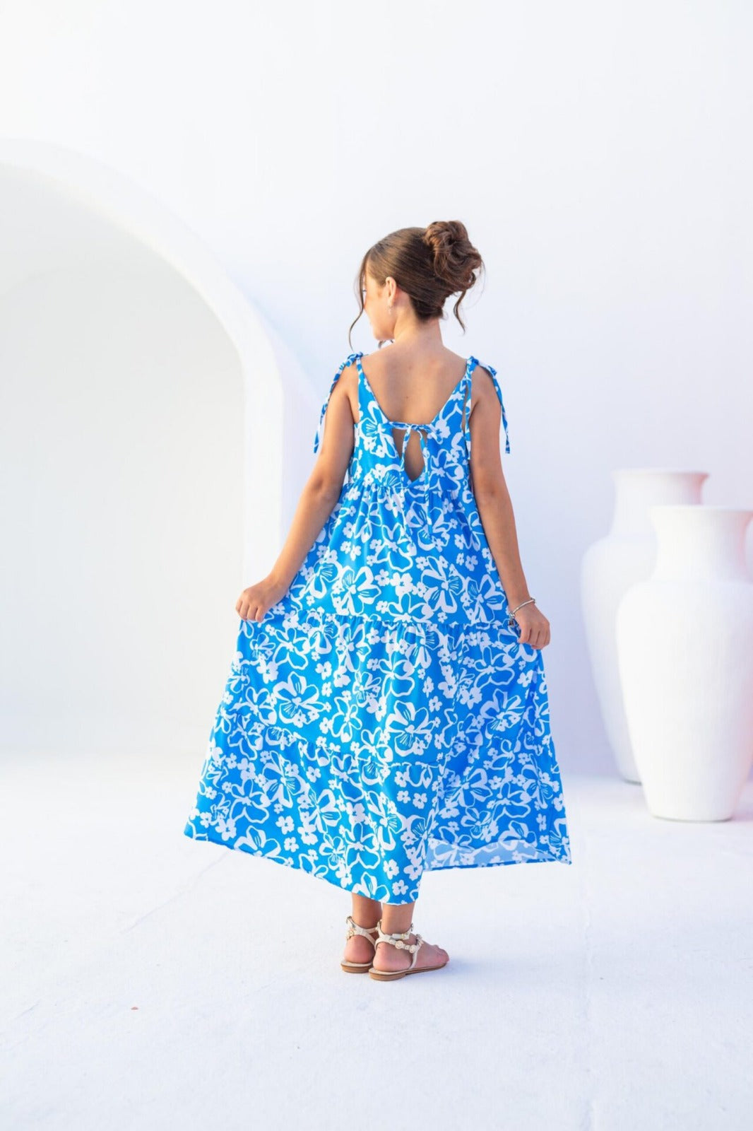 Vestido Longo Menina - Azul com Flores Brancas