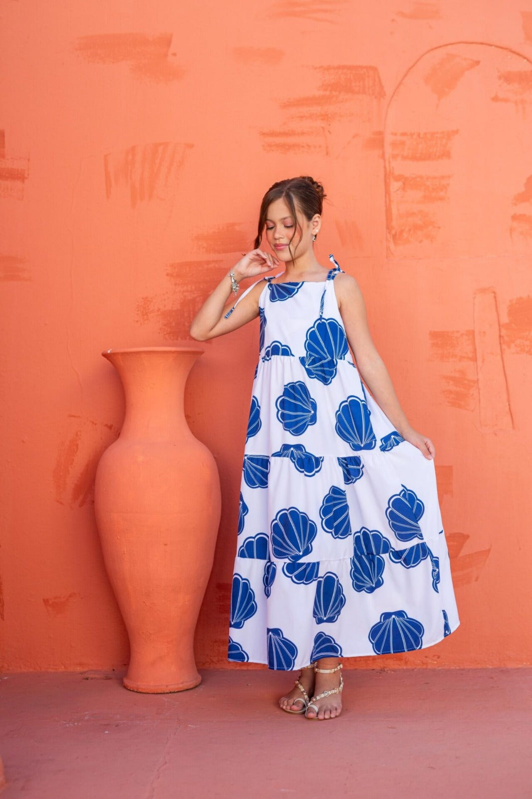 Vestido Longo Menina- Branco Conchas Azuis
