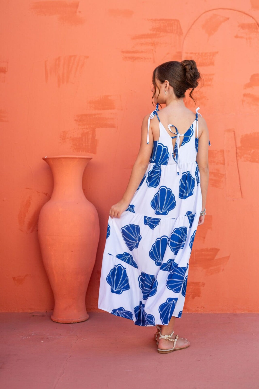 Vestido Longo Menina- Branco Conchas Azuis