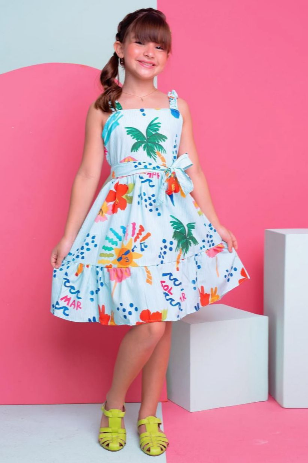 Vestido Midi Menina - Azul Estampa Tropical