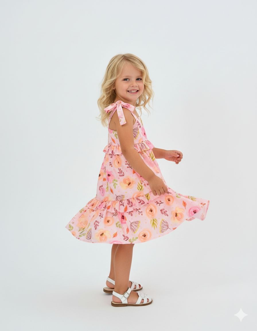 Vestido Midi Rodado Com Alças - Rosa Estampa Primavera