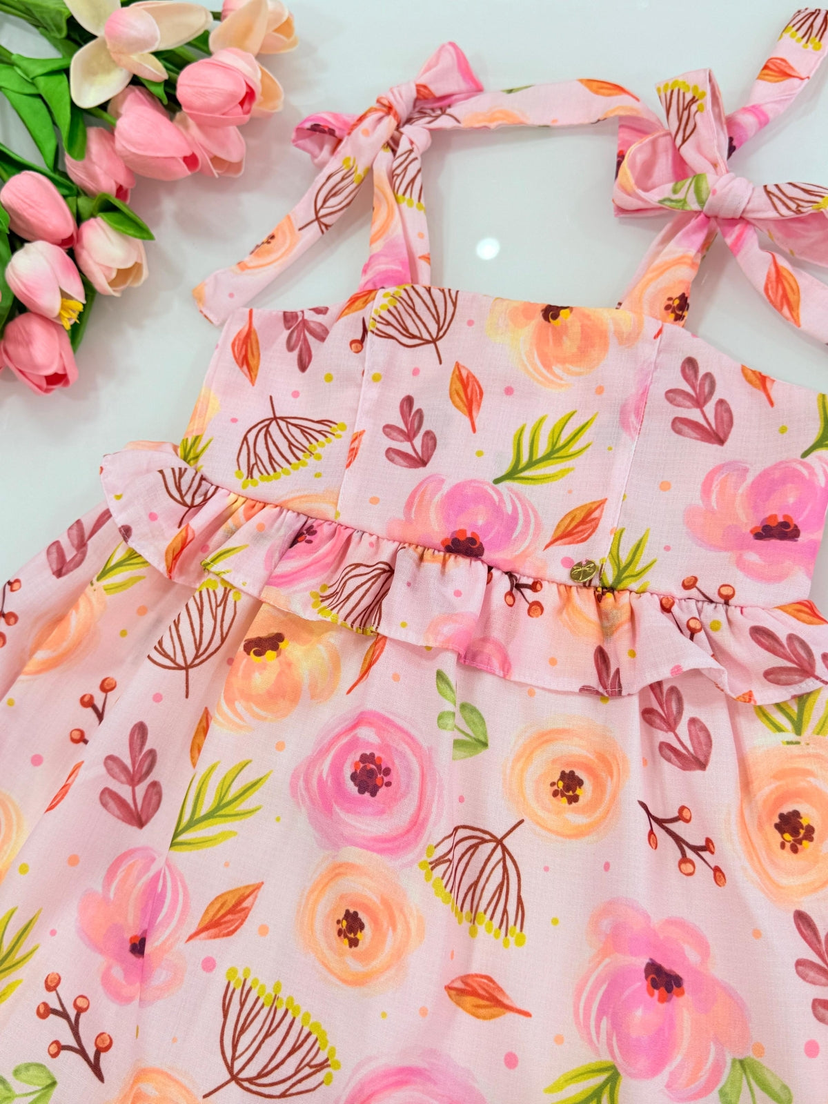 Vestido Midi Rodado Com Alças - Rosa Estampa Primavera