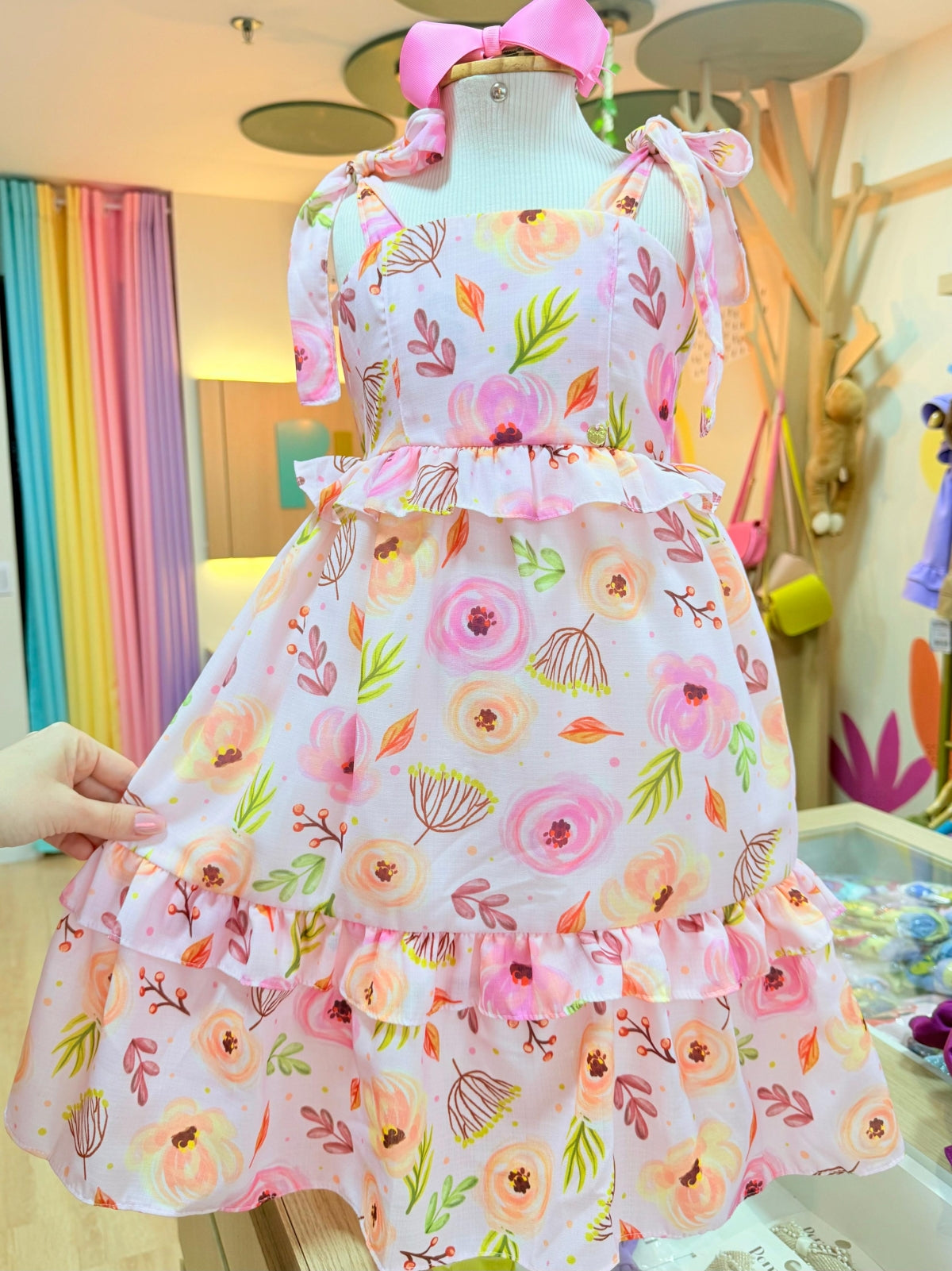 Vestido Midi Rodado Com Alças - Rosa Estampa Primavera