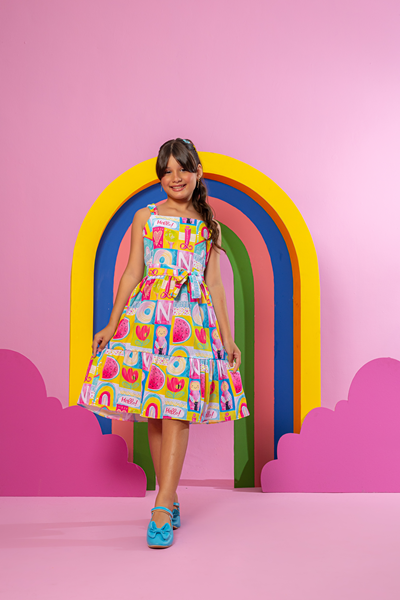Vestido Midi Menina - Estampa Arco-Iris e Frutas