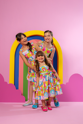 Vestido Midi Menina - Estampa Arco-Iris e Frutas