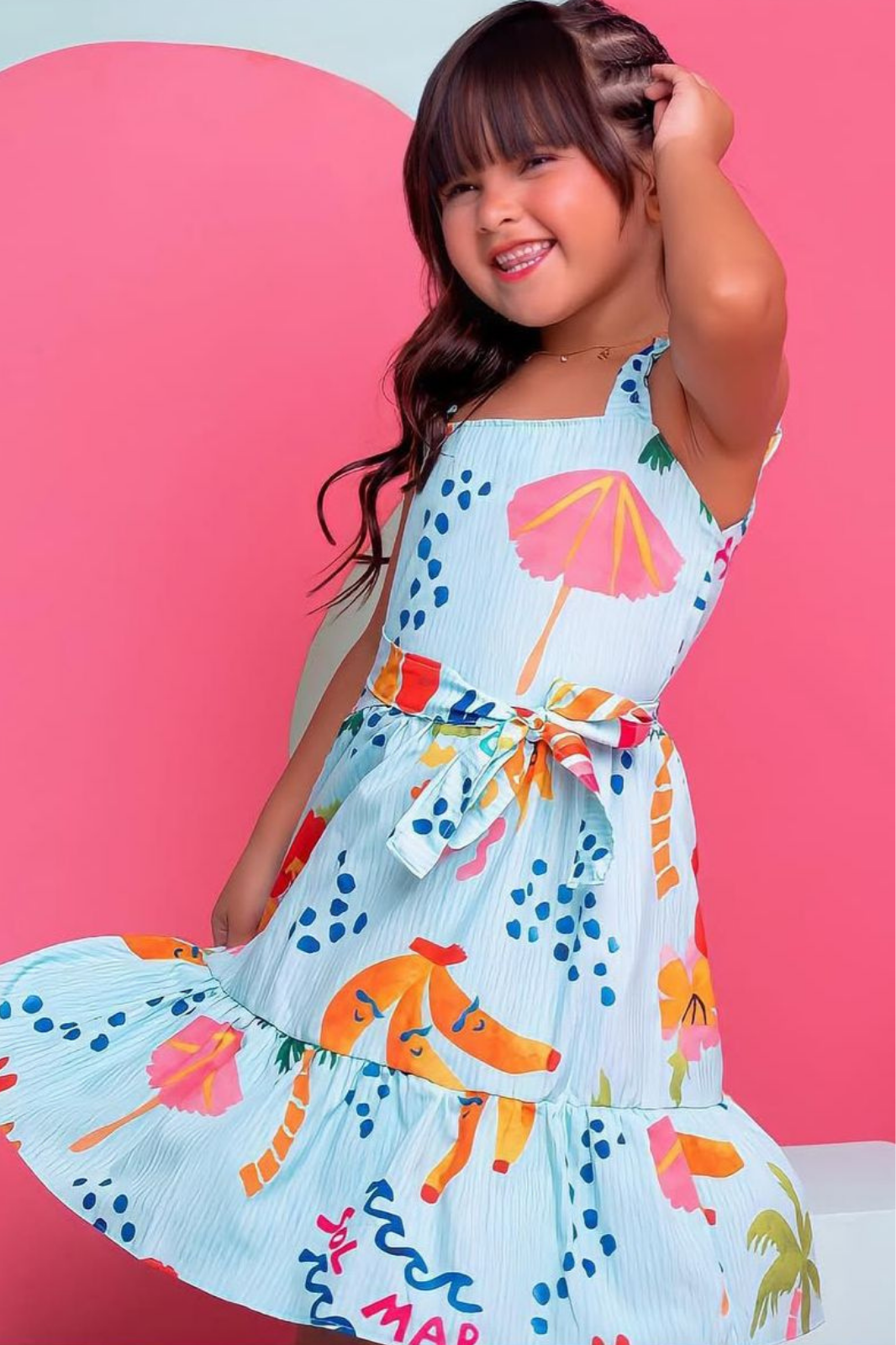 Vestido Midi Menina - Azul Estampa Tropical