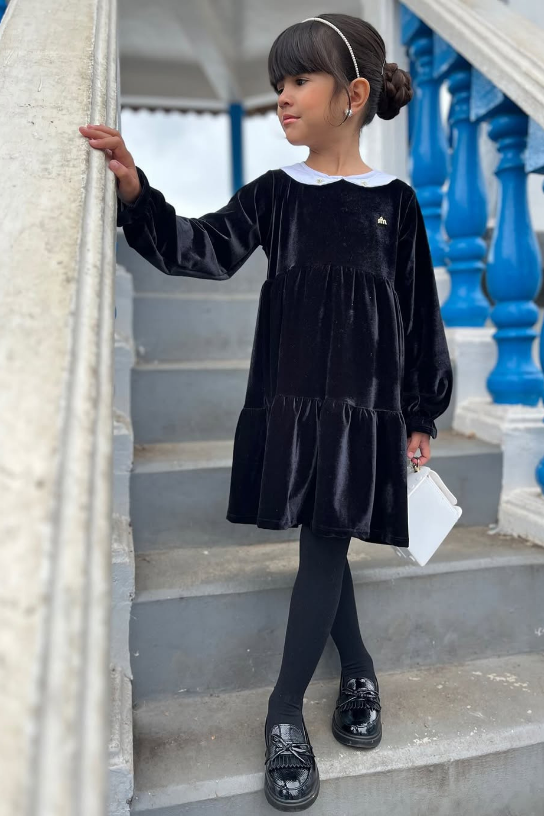 Vestido Manga Longa Menina- Preto Veludo Alemão