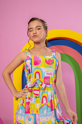Vestido Midi Menina - Estampa Arco-Iris e Frutas