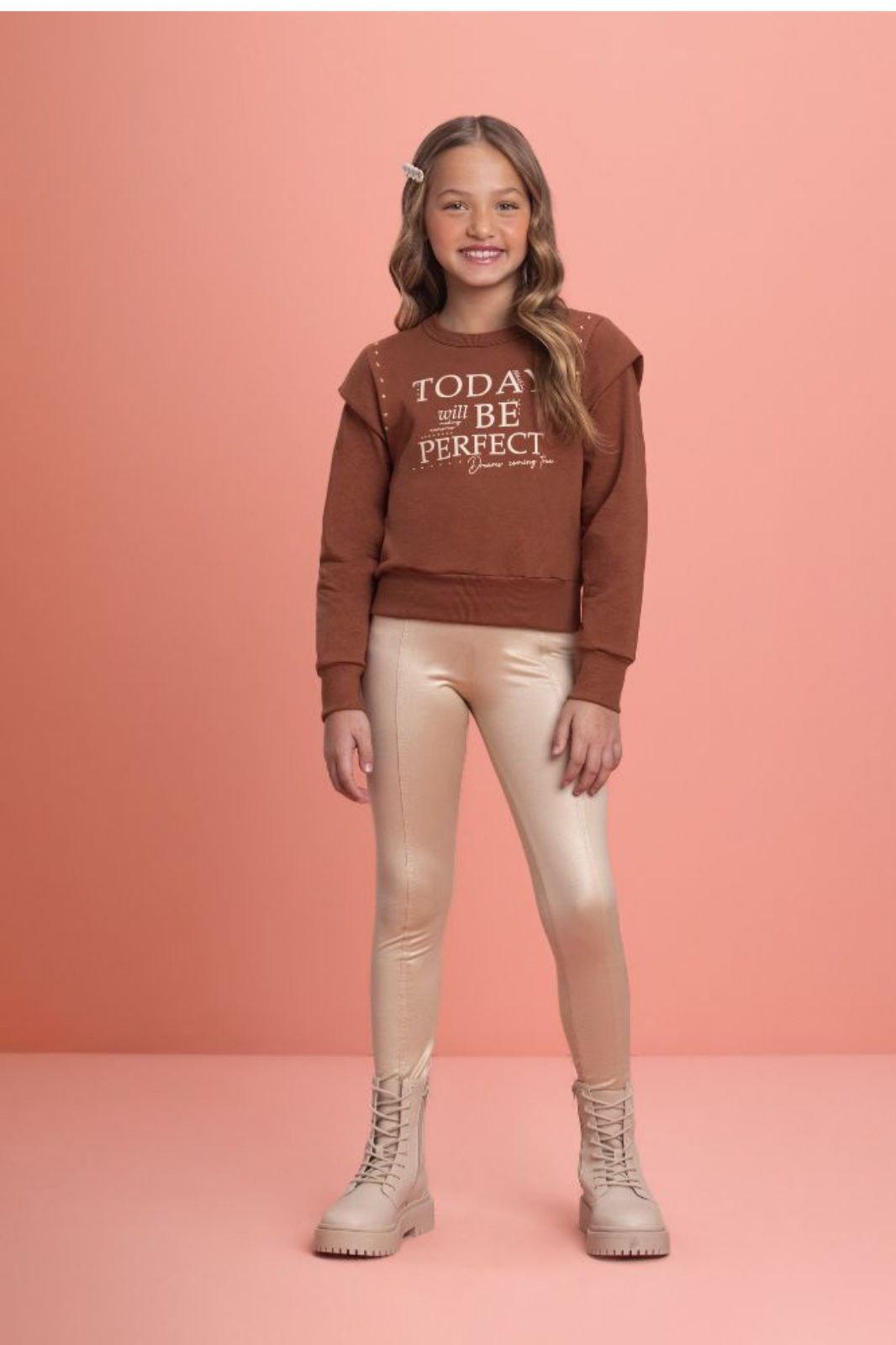 Conjunto Menina - Blusão Marrom e Legging Dourada