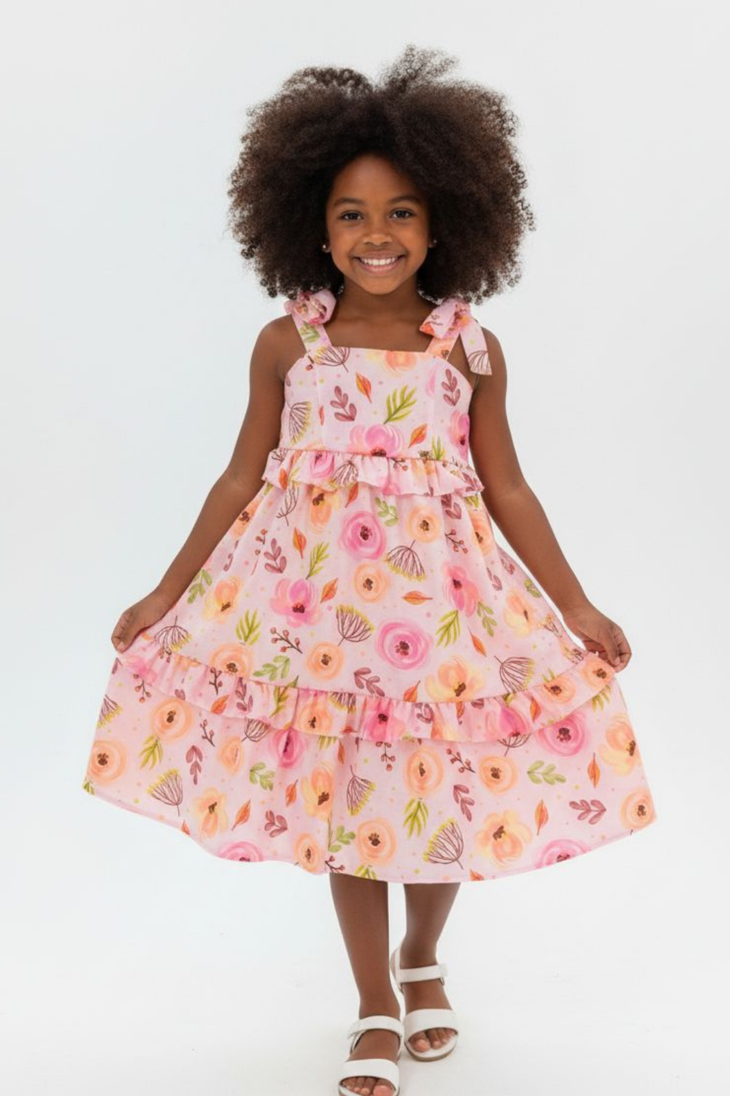 Vestido Midi Rodado Com Alças - Rosa Estampa Primavera