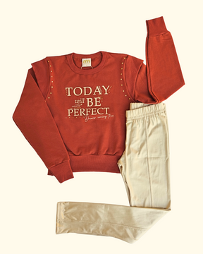 Conjunto Menina - Blusão Marrom e Legging Dourada