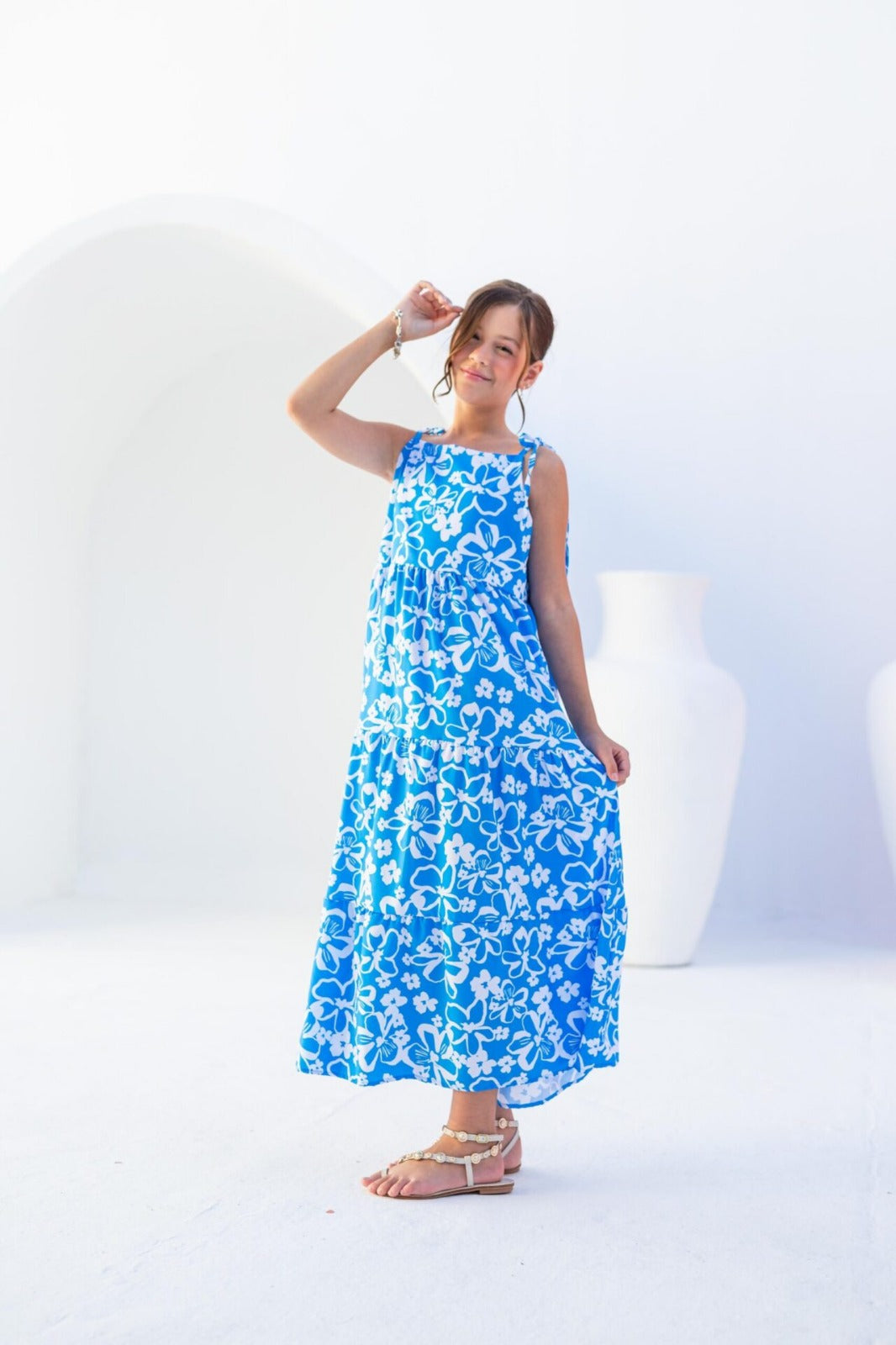 Vestido Longo Menina - Azul com Flores Brancas