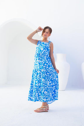 Vestido Longo Menina - Azul com Flores Brancas