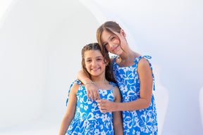 Vestido Longo Menina - Azul com Flores Brancas