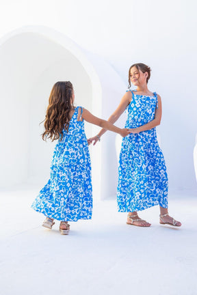 Vestido Longo Menina - Azul com Flores Brancas