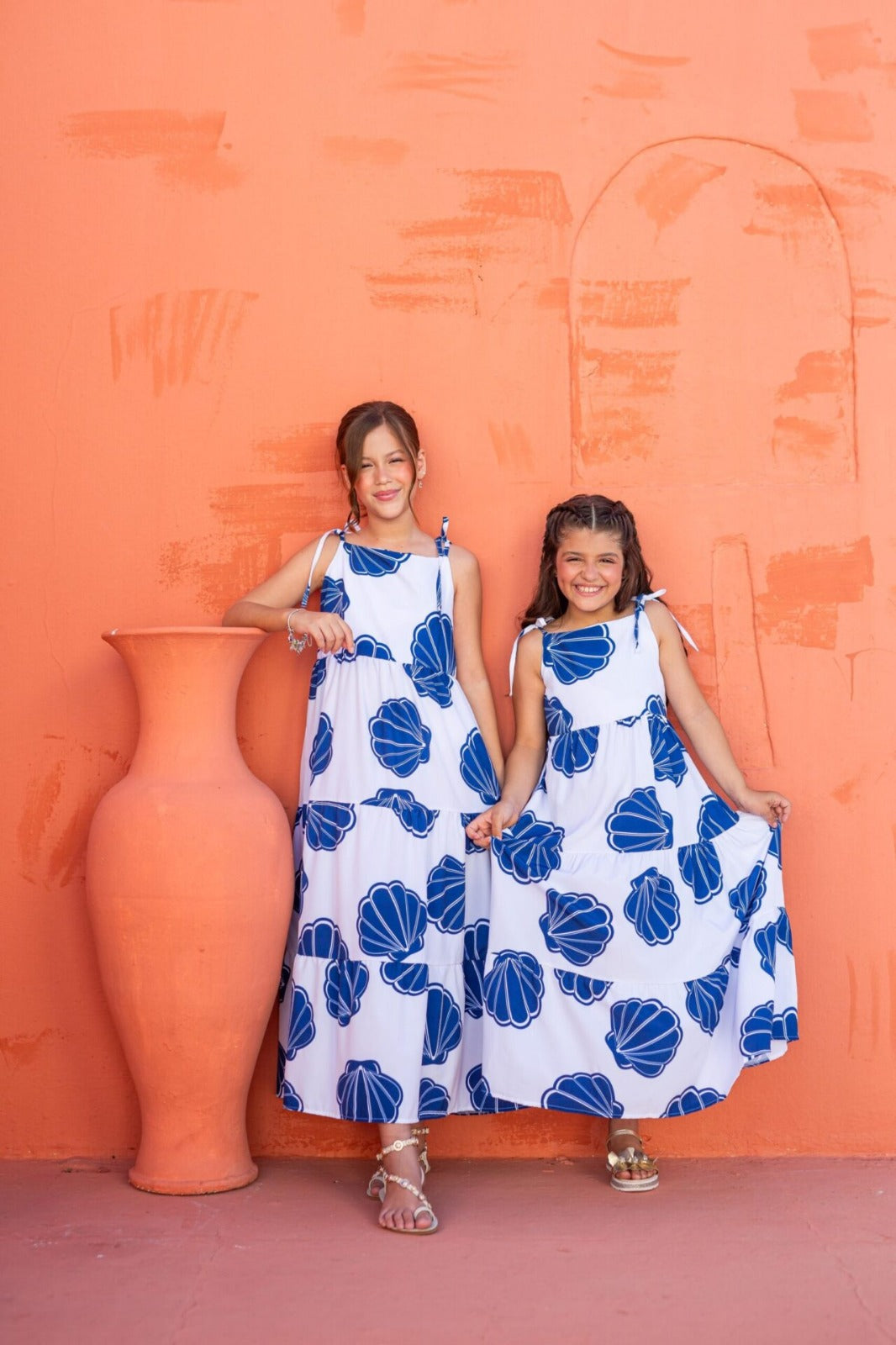Vestido Longo Menina- Branco Conchas Azuis