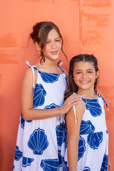 Vestido Longo Menina- Branco Conchas Azuis