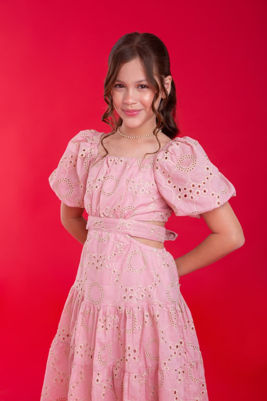 Vestido Flores em Lese - Rosê