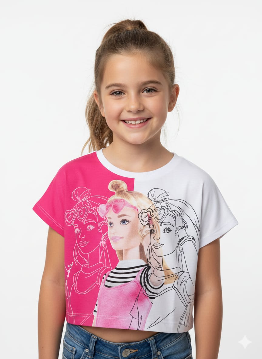 Camiseta Cropped Barbie- Branco e Rosa