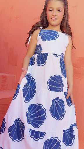 Vestido Longo Menina- Branco Conchas Azuis